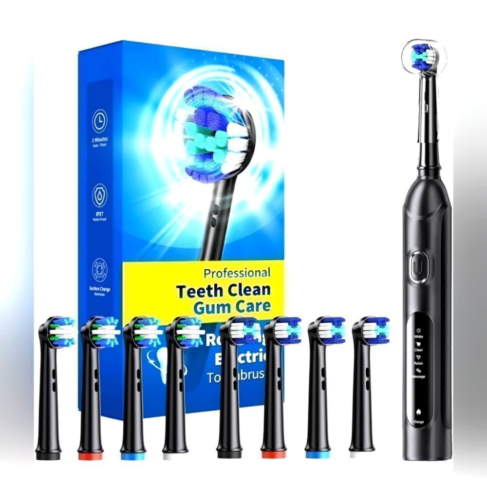 Rotating Electric Toothbrush for Adults with 8 Brush Heads (2 Types), 4 Modes